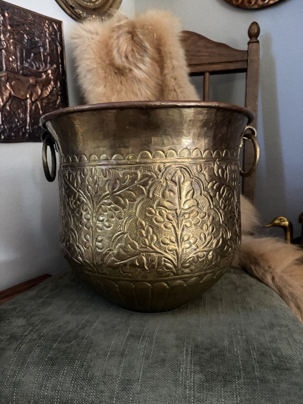 Vintage Hammered Brass Planter With Ring Handles Large Hand Hammered Brass Pot